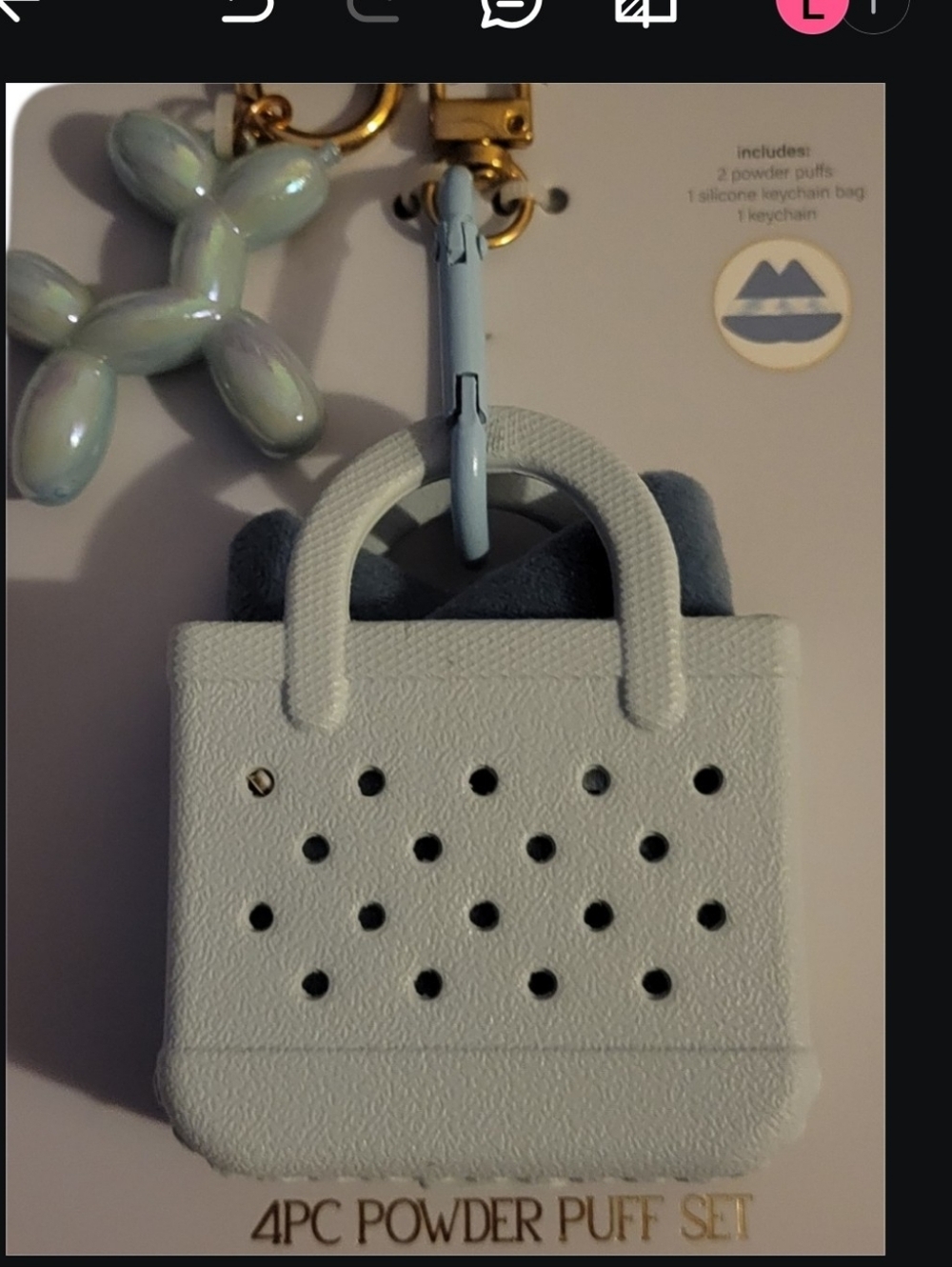 New Mini Tote Keychain, 4PC Powder Puff Set, Blue Iridescent Balloon Dog Charm‎